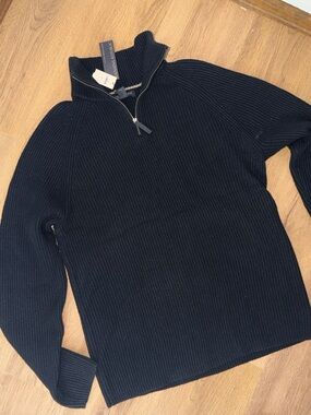 NWT Banana Republic WOOL Black Ribbed Neck Zip Sweater
